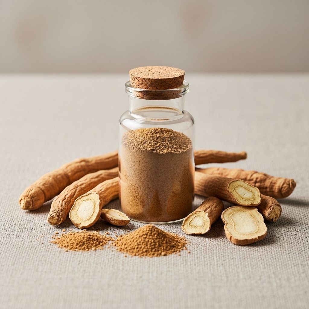 Dried ashwagandha root pieces and brown powder arranged on a natural linen cloth with small glass jar, earthy botanical ingredient displayed in a clean minimal style with neutral background